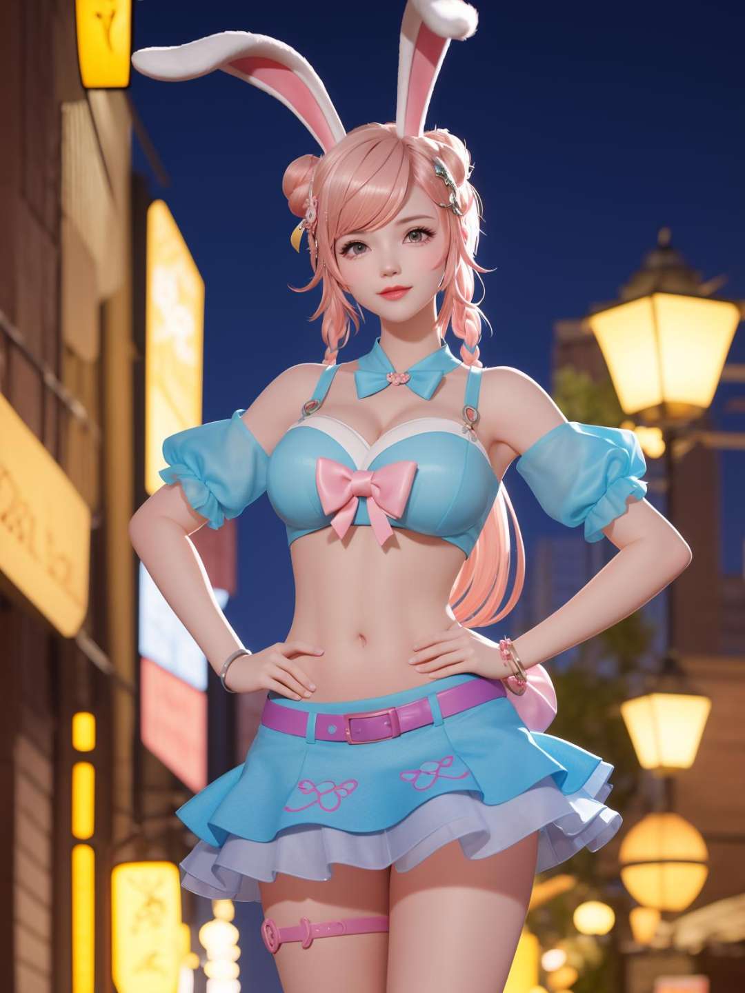 WZRYgongsunliHLKT, 1girl, solo, pink hair, rabbit ears, skirt,navel, hair ornament, purple eyes, midriff, single hair bun,short hair,jewelry,thigh strap,bangs, braid, bow,mature female, cityscape, night,looking at viewer, hand on hip, cowboy shot, light smile,  <lora:WZRYgongsunliHLKTii:0.75>