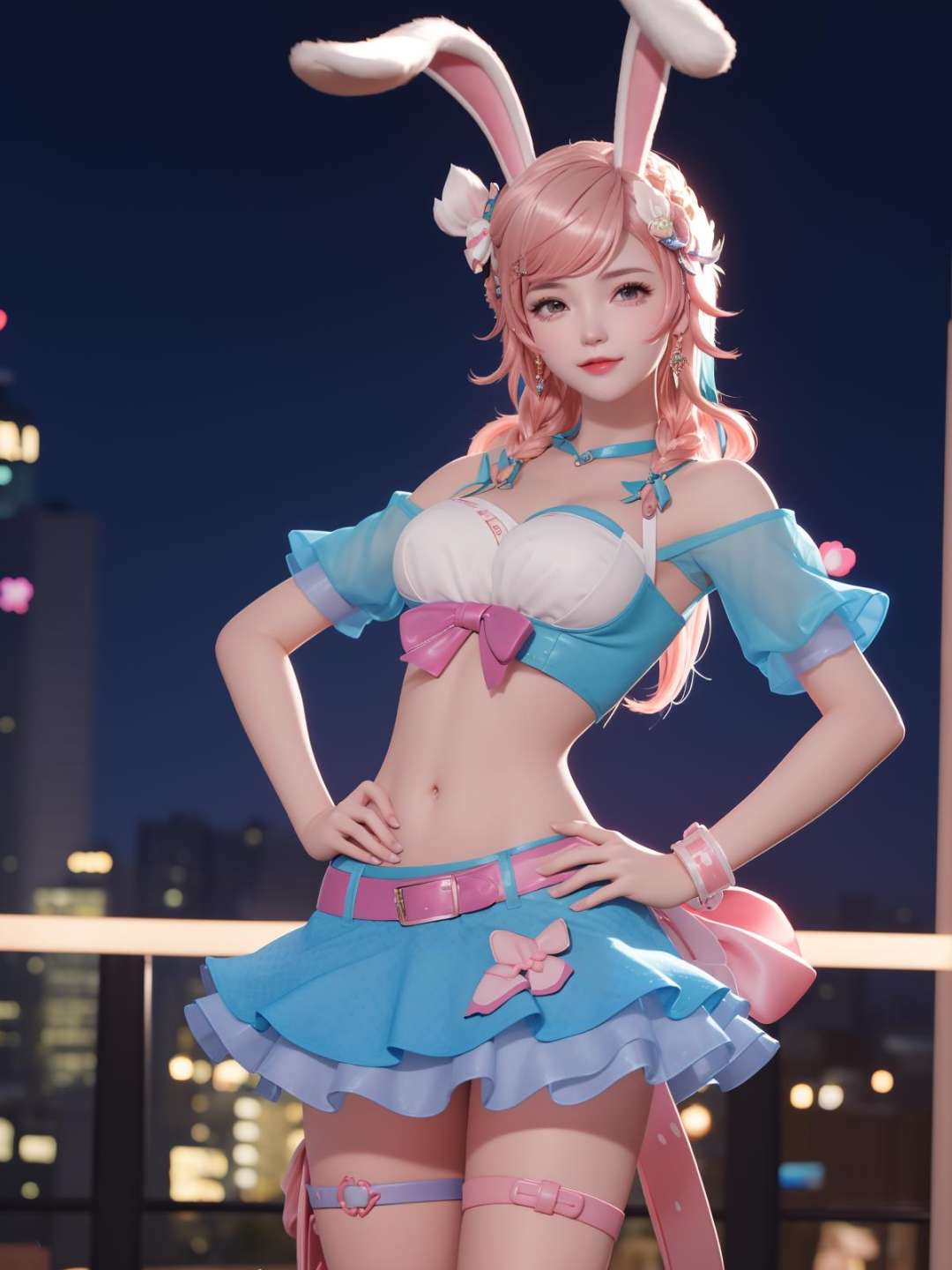 WZRYgongsunliHLKT, 1girl, solo, pink hair, rabbit ears, skirt,navel, hair ornament, purple eyes, midriff, single hair bun,short hair,jewelry,thigh strap,bangs, braid, bow,mature female, cityscape, night,looking at viewer, hand on hip, cowboy shot, light smile,  <lora:WZRYgongsunliHLKTii:0.75>