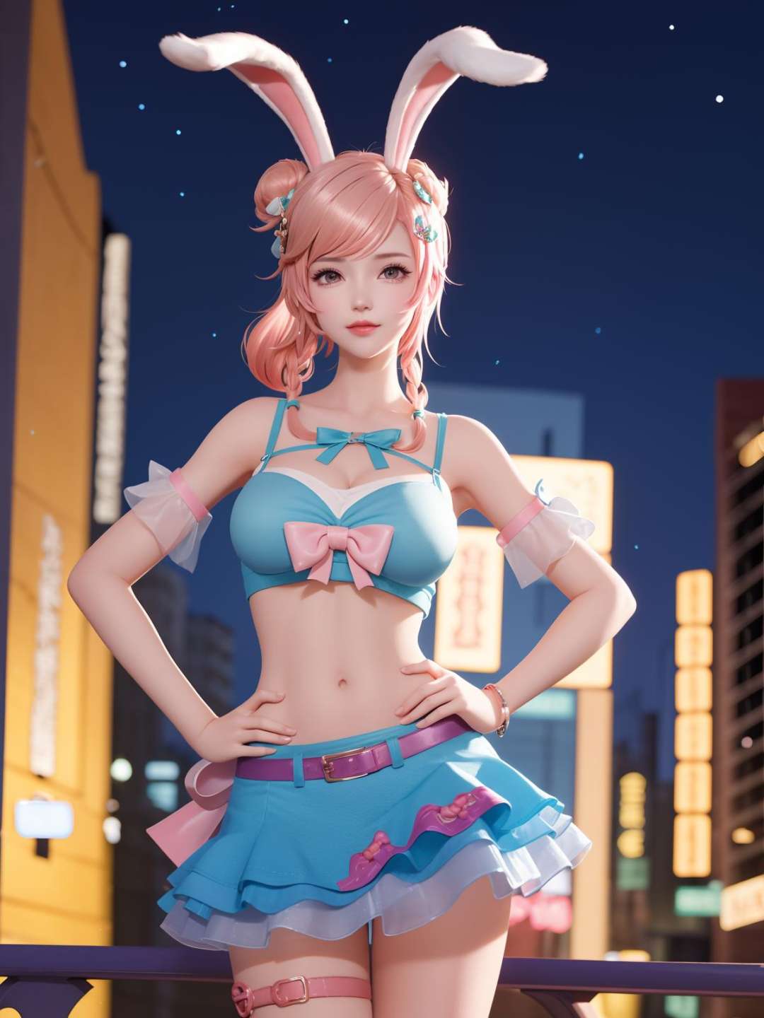 WZRYgongsunliHLKT, 1girl, solo, pink hair, rabbit ears, skirt,navel, hair ornament, purple eyes, midriff, single hair bun,short hair,jewelry,thigh strap,bangs, braid, bow,mature female, cityscape, night,looking at viewer, hand on hip, cowboy shot, light smile,  <lora:WZRYgongsunliHLKTii:0.75>