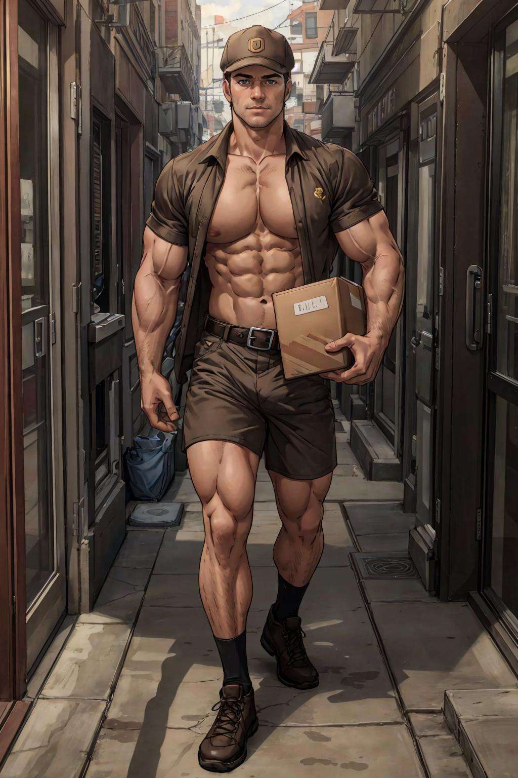 ((best quality)), ((masterpiece)), (detailed), (realistic), cinematic, dynamic lighting, (detailed background), depth of field, intricate, 8k, detailed skin, (large pectorals:1.4), nude, pectorals, abs, penis, erection, photo of a handsome man, outdoors, urban, dynamic pose, ups-outfit, shorts, open clothes, hat, holding box, belt, happy, looking at viewer,