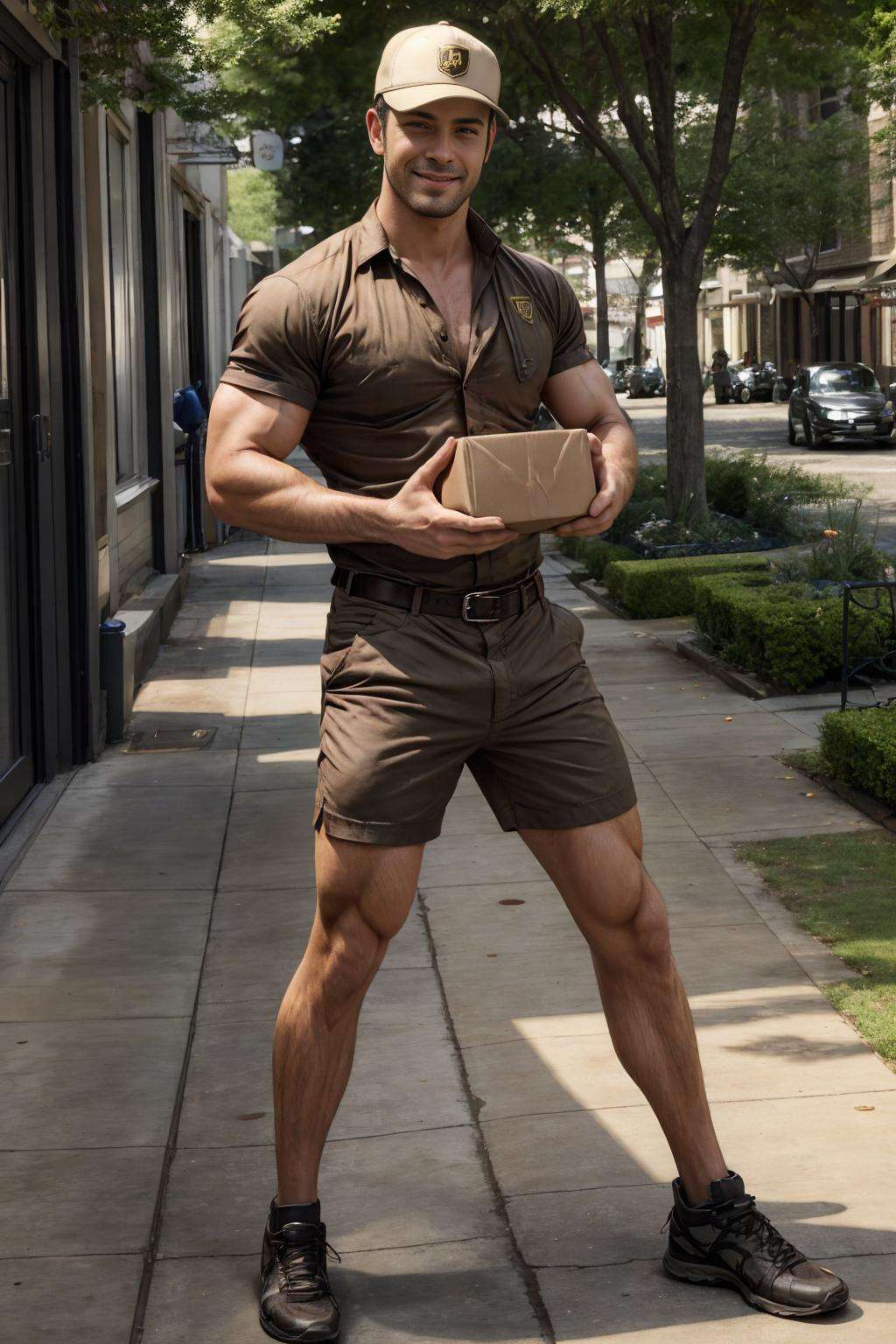 realistic, masterpiece, best quality, natural lighting, soft shadow, insane detail, detailed background, professional photography, depth of field, intricate, detailed face, subsurface scattering, realistic hair, realistic eyes, muscular, masculine, photo of a handsome man, outdoors, urban, dynamic pose, ups-outfit, shorts, open clothes, hat, holding box, belt, shoes, happy, looking at viewer,