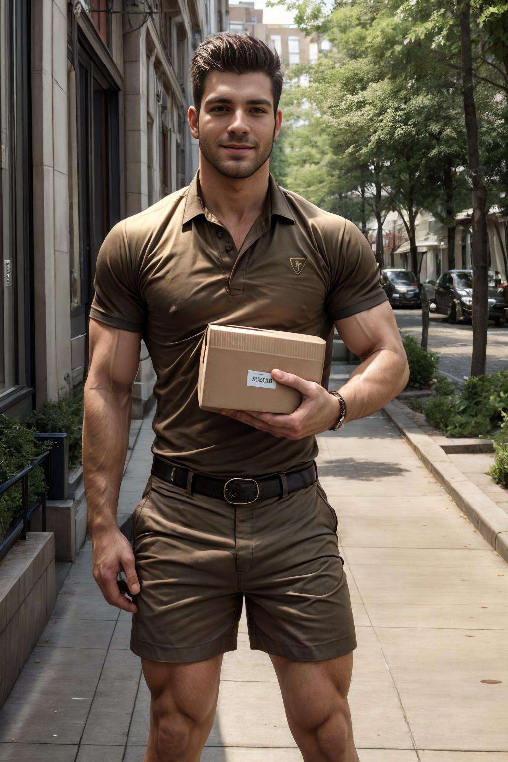 realistic, masterpiece, best quality, natural lighting, soft shadow, insane detail, detailed background, professional photography, depth of field, intricate, detailed face, subsurface scattering, realistic hair, realistic eyes, muscular, masculine, photo of a handsome man, outdoors, urban, street, ups-outfit, shorts, polo shirt, belt, happy, looking at viewer, holding box on shoulder,