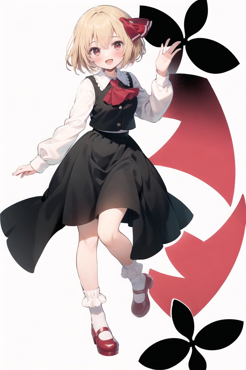 1girl, rumia, blonde hair, solo, red footwear, skirt, white background, short hair, ribbon, red eyes, simple background, shirt, full body, long sleeves, open mouth, hair ribbon, black skirt, white socks, ascot, red ribbon, socks, red ascot, shoes, vest, white shirt, smile, looking at viewer, frills, bangs, black vest, :d, mary janes, bobby socks, collared shirt, blush, standing, frilled skirt, hand up, skirt set