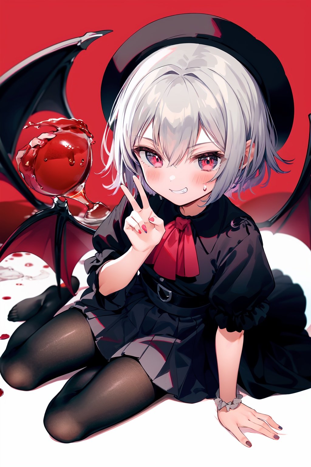 (little girl:1.4), (child:1.4),(petite:1.4), (loli:1.4),,,((solo:1.3)).,1girl, solo, wings, red eyes, hat, remilia scarlet, red background, mob cap, bat wings, ascot, blood, short sleeves, bow, short hair, ribbon, blood on hands, looking at viewer, simple background, full body, puffy sleeves, hat ribbon, blood on face, dress, brooch, red nails, pantyhose, red bow, puffy short sleeves, smile, black pantyhose, wrist cuffs, red ribbon, sitting, jewelry, red ascot, frills, hair between eyes, skirt, white dress, fingernails, sash, shirt, nail polish, no shoes, red theme, sharp fingernails, bangs, tongue, hat bow, grey hair, closed mouth, tongue out, white headwear, slit pupils, blood on clothes, skirt set, hand up, frilled sleeves, invisible chair, white skirt, vampire, frilled shirt collar/.,\nSolo,Battle, {{{{{Slash}}}}},Killing,Attacker,{{Fierce movement}},Ninja,Bloodstain,Core shadow,splatter,{Blood},{{{{Battle scene}}}},angry,Intricate,,{{{Dynamic angle}}},{Stylish pose},{High contrast,Extremely detailed CG unity 8K wallpaper} Sense of movement,blurry background,Kaotic,Lunatic,[[[[[hyper paint, rough design, flat color]]]]],Grin,Whole body,Colorful background,Intricate,Girl wearing black suit,Looking at viewers,{{Stylish}},Persona 5 style art,{{{all out attack(persona 5)}}}