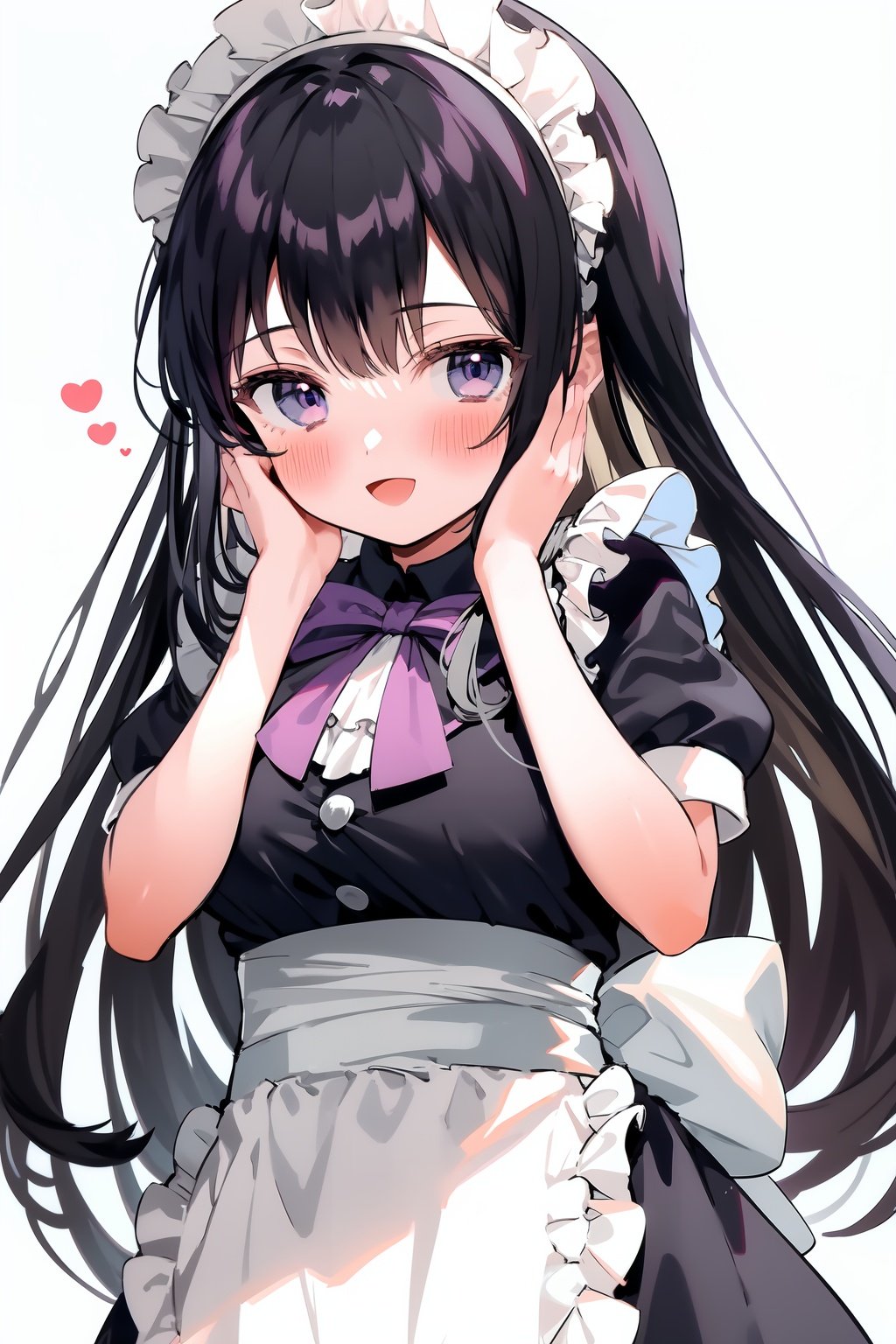 maid, maid headdress, black hair, long hair, purple eyes, apron, blush, smile, bangs,open mouth, short sleeves, multiple girls, looking at viewer, dress, white apron, simple background, puffy sleeves, white background, maid apron, black dress, puffy short sleeves, frills, bow, bowtie, :d, hands up, chibi, breasts, hands on own face, waist apron, heart, blonde hair, frilled apron, hands on own cheeks, cup, purple bowtie, medium breasts, purple bow