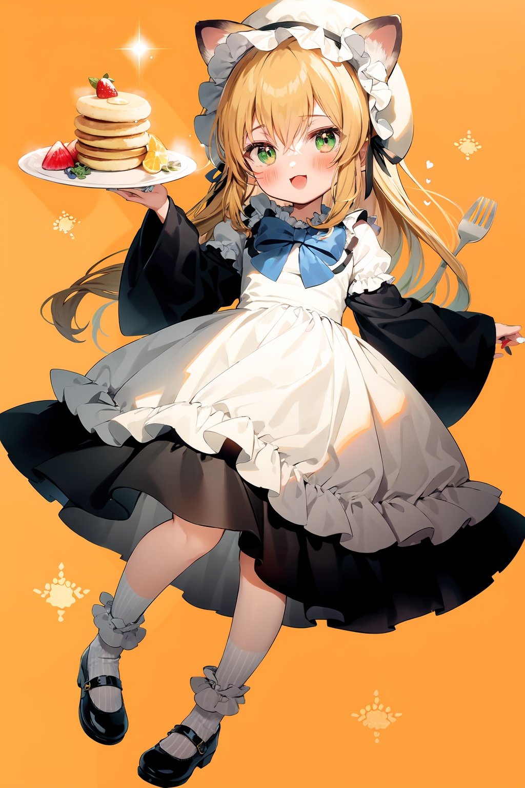 (cinematic lighting),  dreamy atmosphere,  Ray tracing,  (((solo))),  (loli:1.5),  (child:1.5),  (petite:1.5),  green eyes,  (animal ears),  dress,  solo,  food,  blonde hair,  open mouth,  long hair,  pancake,  flower,  holding,  bow,  smile,  fork,  bird,  socks,  looking at viewer,  shoes,  striped background,  holding fork,  bonnet,  striped,  frills,  long sleeves,  :d,  yellow dress,  bangs,  eyebrows visible through hair,  blush,  green nails,  hair bow,  nail polish,  diagonal stripes,  chick,  sparkle,  frilled dress,  orange bow,  fruit,  full body,  :3,  hair between eyes,  green bow,  puffy sleeves,  heart,  lemon,  orange footwear,  animal ear fluff,  white bow,  cat ears,  bobby socks,  orange headwear,  see-through sleeves,  blue background,  striped bow,  hair ornament,  white legwear,  mary janes