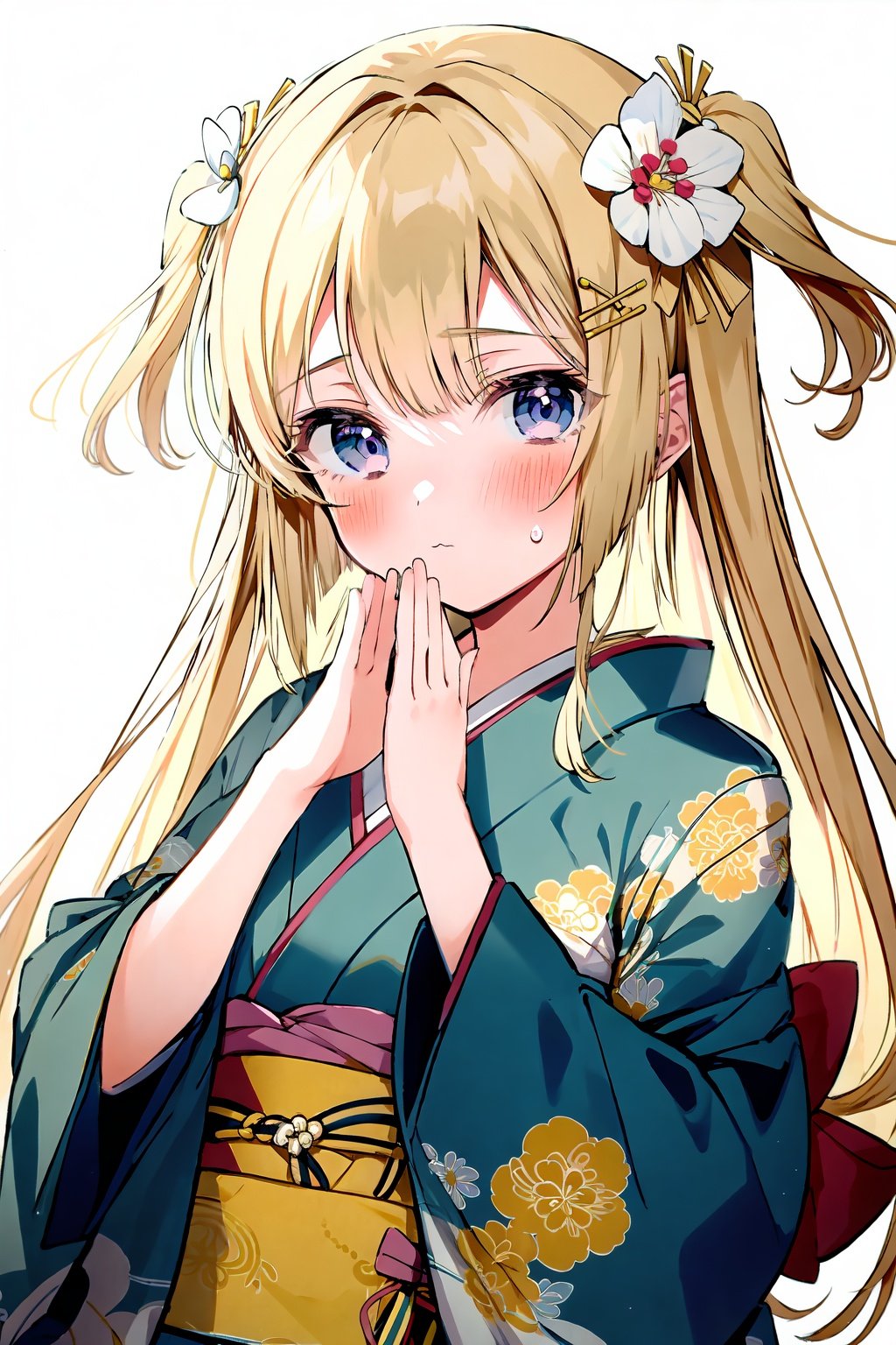 1girl, solo, japanese clothes, long hair, blush, looking at viewer, hair ornament, kimono, bangs, long sleeves, blonde hair, floral print, flower, blue eyes, own hands together, upper body, sash, hair flower, obi, simple background, shiny hair, shiny, wide sleeves, closed mouth, hands up, purple eyes, two side up, print kimono