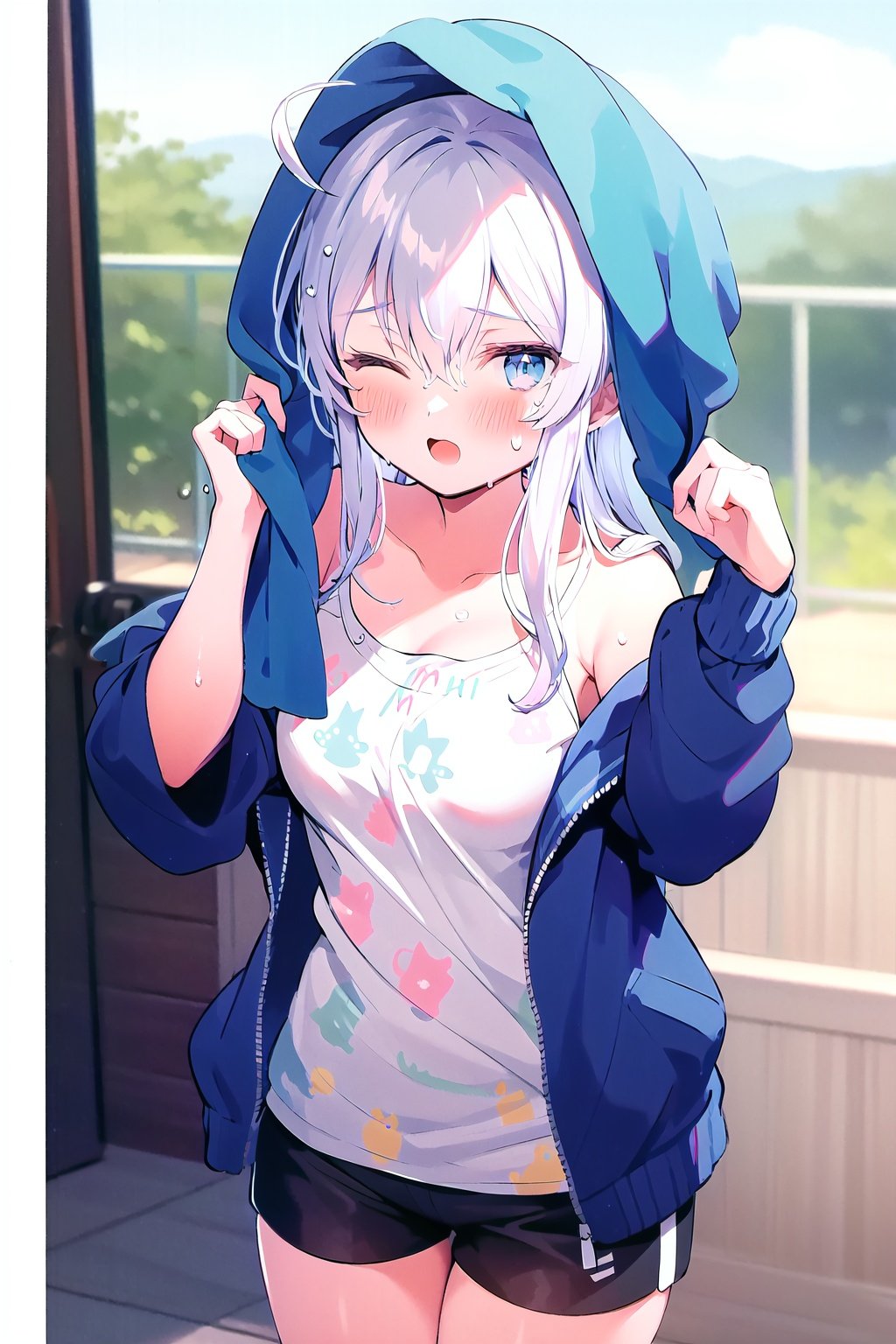 1girl, solo, towel, one eye closed, open mouth, blue eyes, shirt, blurry background, towel on head, shorts, jacket, bangs, blush, black shorts, outdoors, long hair, blurry, white shirt, blue jacket, wet, long sleeves, looking at viewer, collarbone, grey hair, sweat, short shorts, hair between eyes, open jacket, open clothes, off shoulder, ahoge, day, cowboy shot, drying