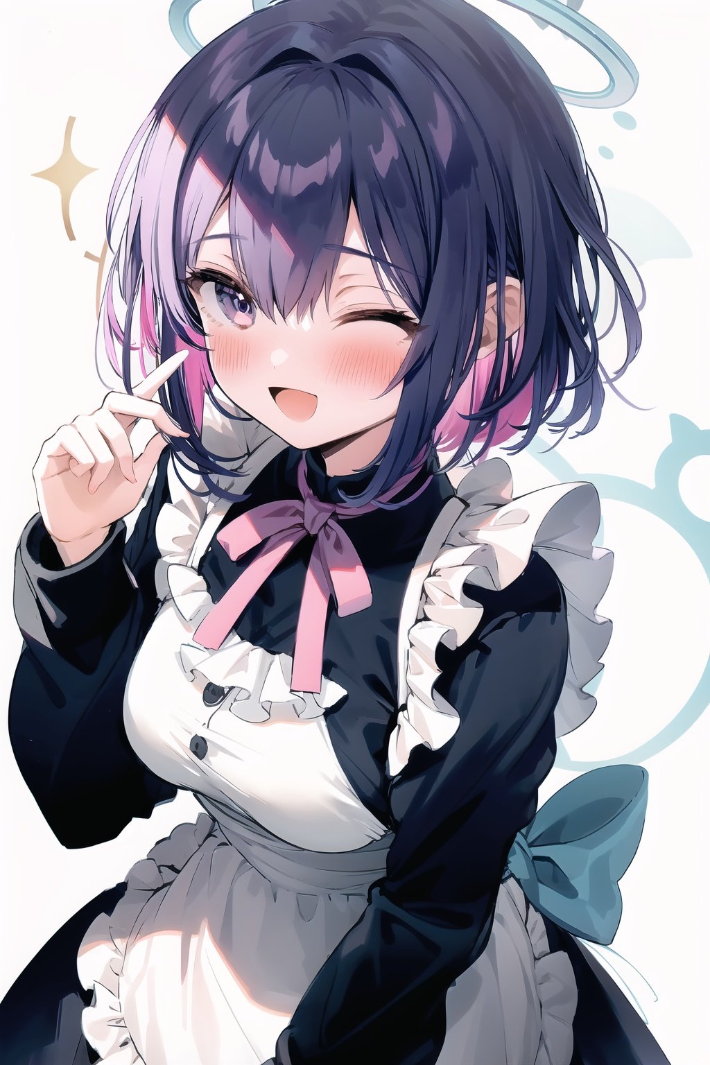 1girl, solo, apron, halo, hair over one eye, closed eyes, smile, white background, dress, white apron, simple background, long sleeves, multicolored hair, braid, open mouth, blue hair, alternate costume, blush, bangs, :d, pink hair, black dress, ribbon, frilled dress, enmaided, short hair, hand up, colored inner hair