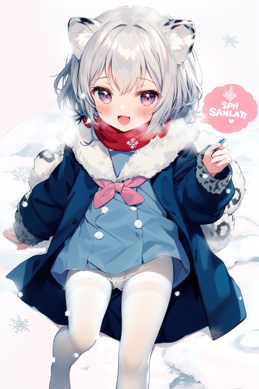 cute,Infant,solo blue shirt,blue sailor coat,loli,full body,white hair,snow leopard ear,white background,pink eyes,laugh,happy,white pantihose,white pantyhose,red armband,