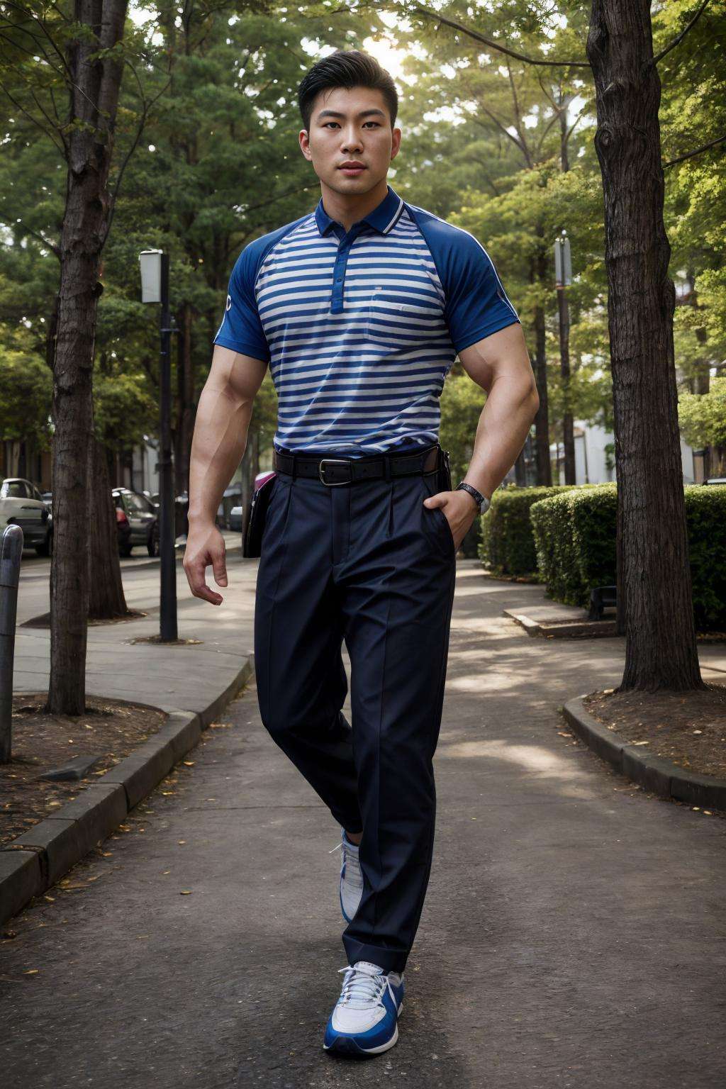 realistic, masterpiece, best quality, natural lighting, soft shadow, insane detail, detailed background, professional photography, depth of field, intricate, detailed face, subsurface scattering, realistic hair, realistic eyes, muscular, masculine, photo of a handsome asian  man, outdoors, urban, street, sgw-outfit, pants, striped shirt, belt, happy, looking at viewer, full body, shoes,