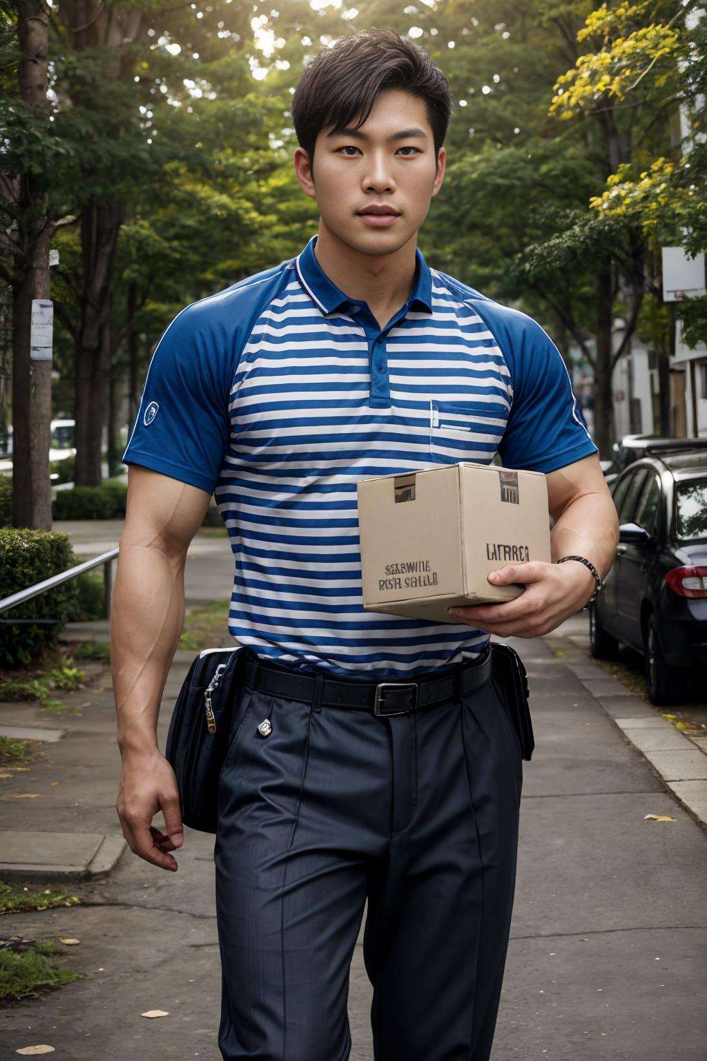 realistic, masterpiece, best quality, natural lighting, soft shadow, insane detail, detailed background, professional photography, depth of field, intricate, detailed face, subsurface scattering, realistic hair, realistic eyes, muscular, masculine, photo of a handsome asian  man, outdoors, urban, street, sgw-outfit, pants, striped shirt, belt, happy, looking at viewer, holding box, shoes,