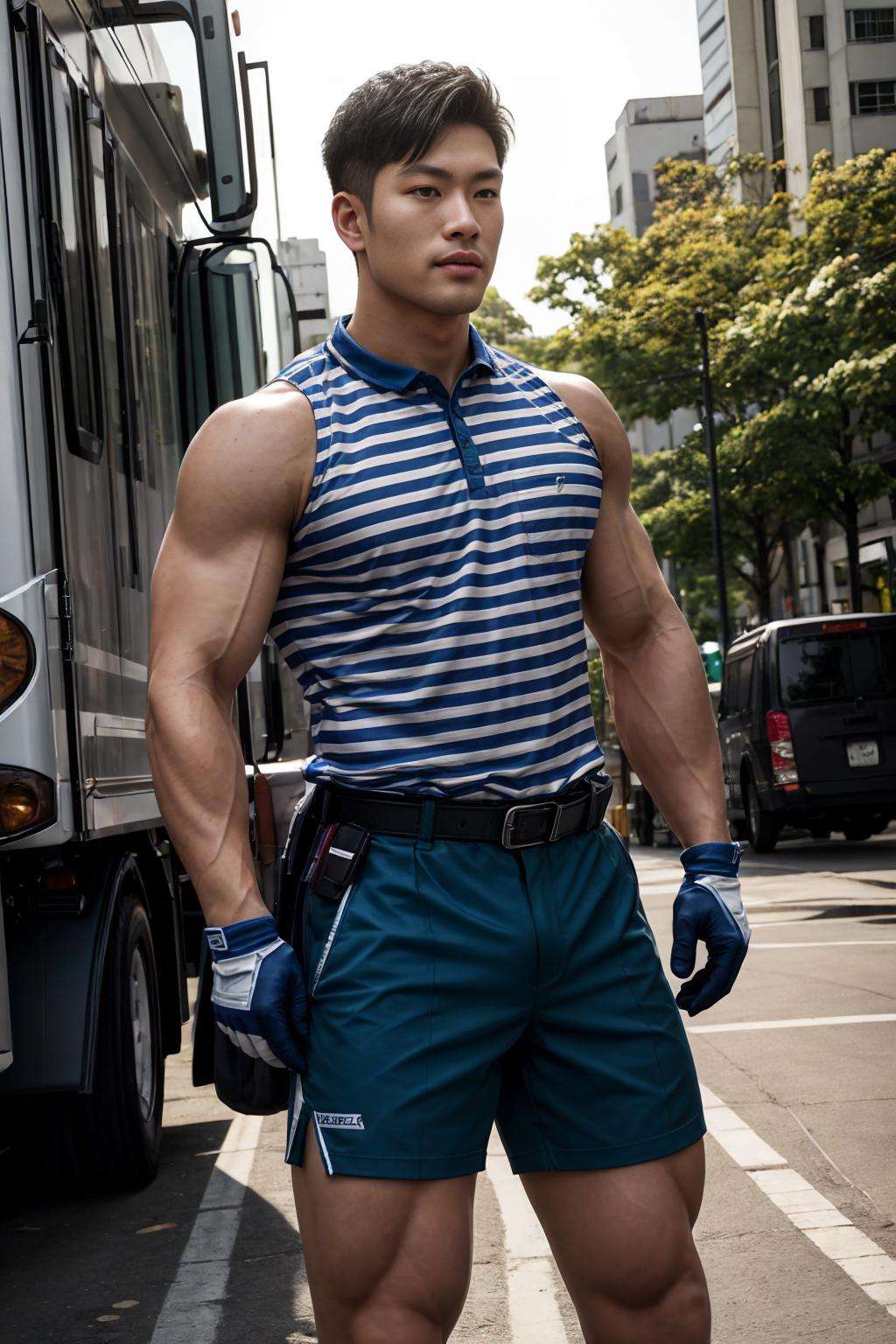 realistic, masterpiece, best quality, natural lighting, soft shadow, insane detail, detailed background, professional photography, depth of field, intricate, detailed face, subsurface scattering, realistic hair, realistic eyes, muscular, masculine, photo of a handsome asian  man, outdoors, urban, street, sgw-outfit, shorts, striped shirt, belt, happy, looking at viewer, sleeveless, truck, glove,