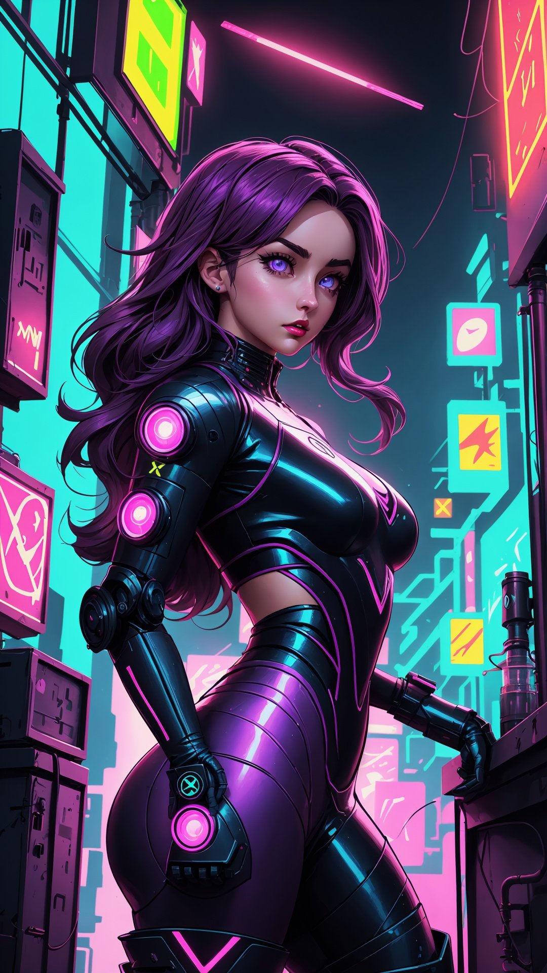 Ana De Armas as cyberpunk ninja robot warrior, light purple Eyes, Marvel X-23, goth, Julie Bell, Patrick Nagle, art style, frontal perspective, action shot, vibrant color, high detail, Laboratory neon background.