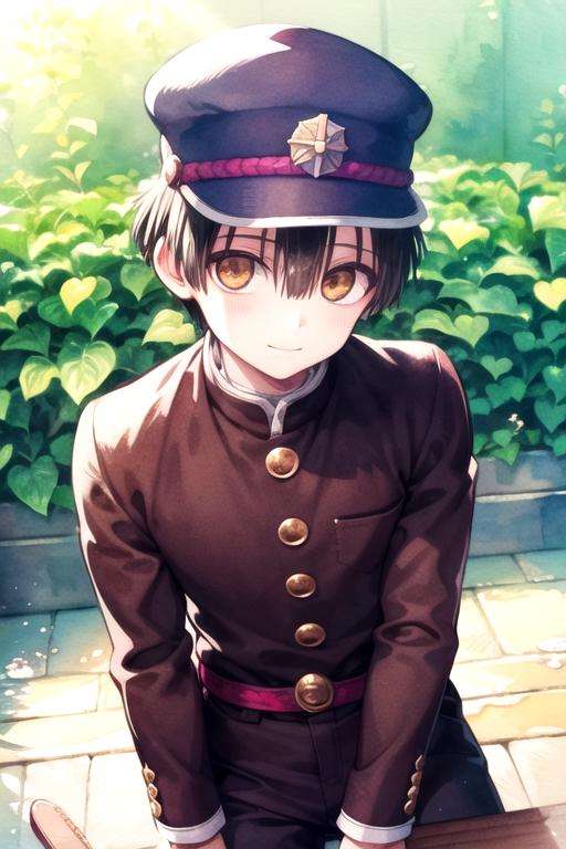 masterpiece, best quality, photorealistic, 1boy, solo, male focus, looking at viewer, , , (watercolor illustration, soft pastel colors:1.1), , <lora:hanako-kun:0.72>, hanako-kun, black hair, brown eyes, hat, french costume, , 4k resolution