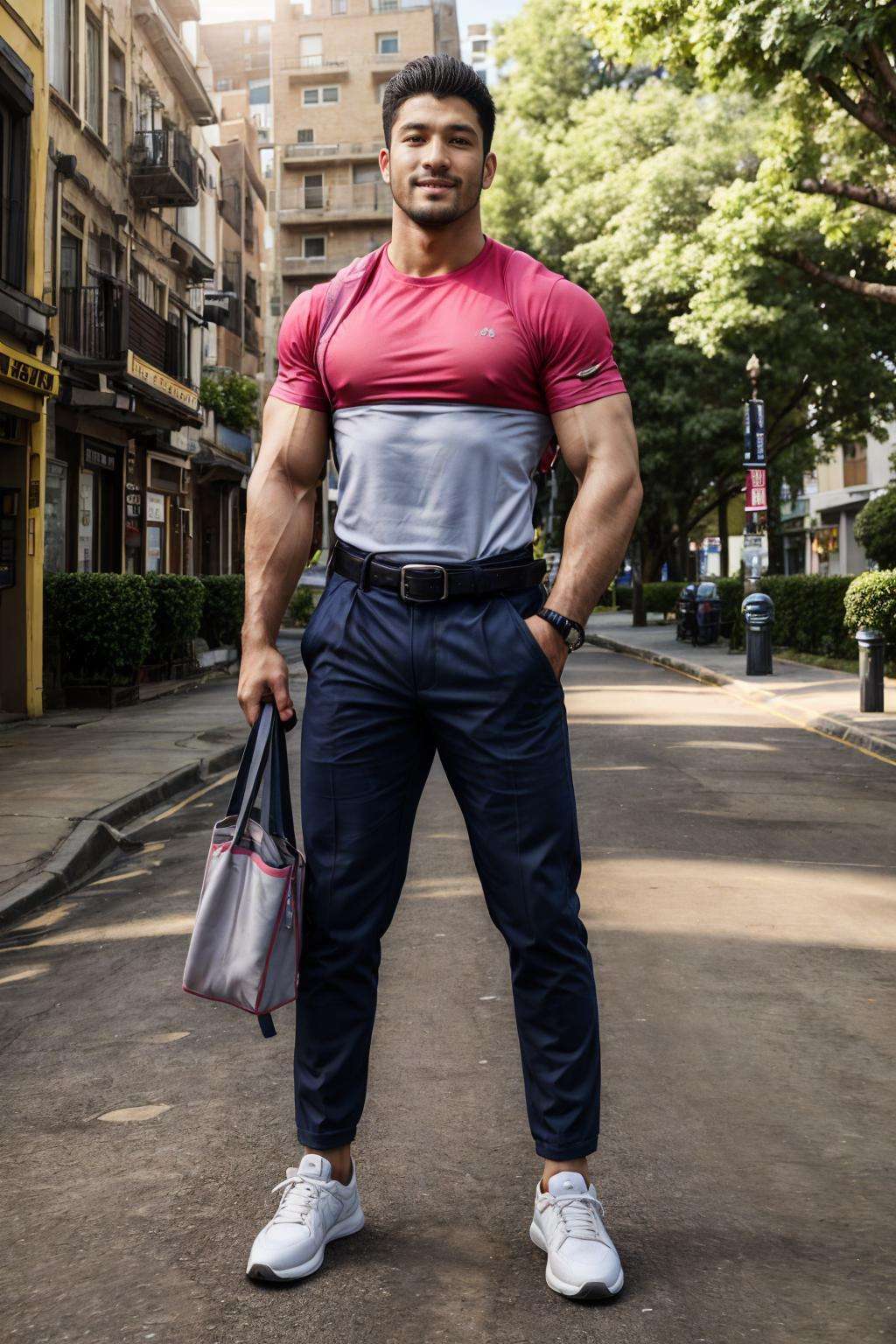 realistic, masterpiece, best quality, natural lighting, soft shadow, insane detail, detailed background, professional photography, depth of field, intricate, detailed face, subsurface scattering, realistic hair, realistic eyes, muscular, masculine, photo of a handsome man, outdoors, urban, street, panda-outfit, shirt, pants, belt, happy, looking at viewer, shoes, (20 year old), dynamic pose, bag,