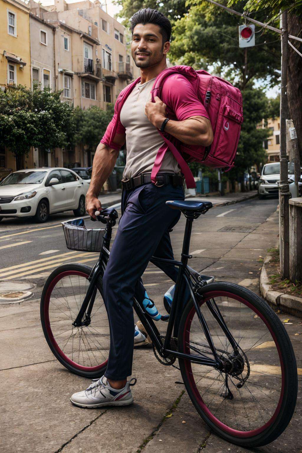 realistic, masterpiece, best quality, natural lighting, soft shadow, insane detail, detailed background, professional photography, depth of field, intricate, detailed face, subsurface scattering, realistic hair, realistic eyes, muscular, masculine, photo of a handsome man, outdoors, urban, street, panda-outfit, shirt, capri pants, belt, happy, looking at viewer, shoes, dynamic pose, backpack, bicycle, layered sleeves,