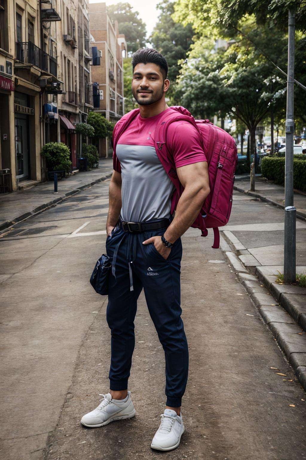 realistic, masterpiece, best quality, natural lighting, soft shadow, insane detail, detailed background, professional photography, depth of field, intricate, detailed face, subsurface scattering, realistic hair, realistic eyes, muscular, masculine, photo of a handsome man, outdoors, urban, street, panda-outfit, shirt, pants, belt, happy, looking at viewer, shoes, bag, backpack,