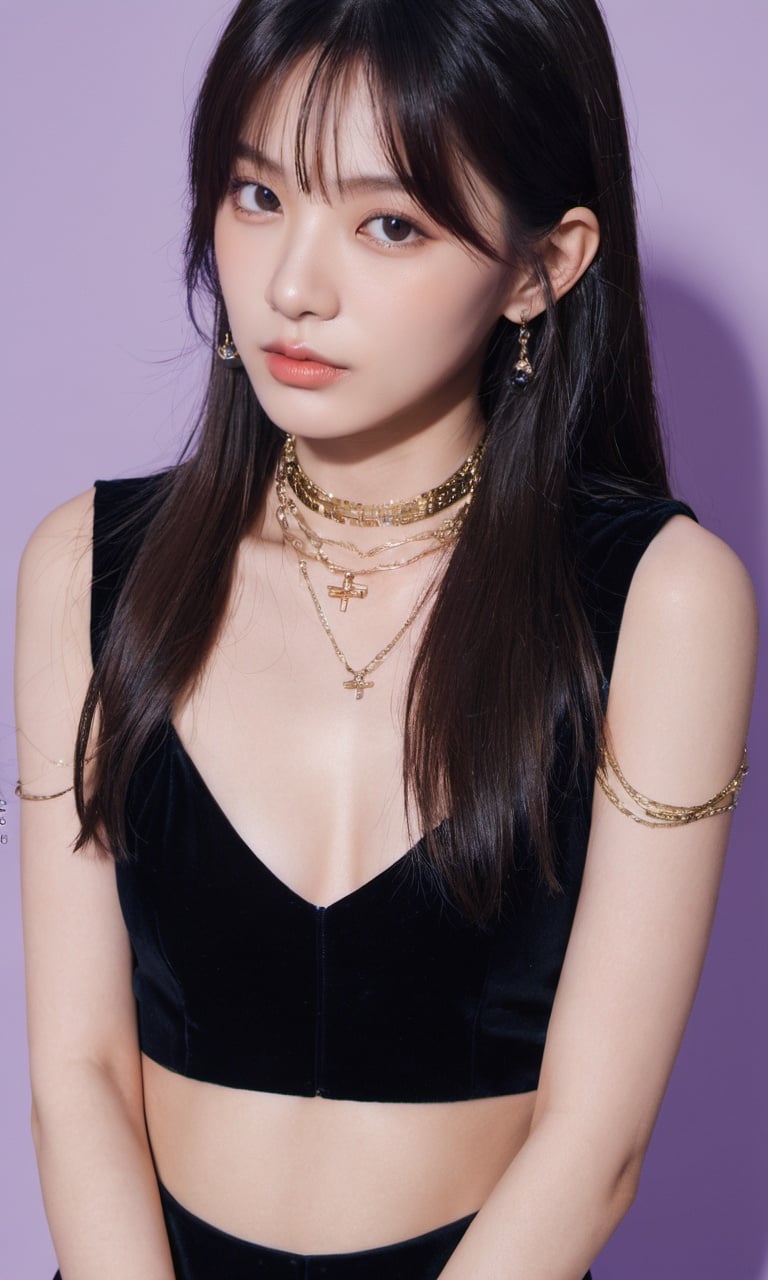 xxmixgirl, a woman in a black dress posing for a picture, “uwu the prismatic person, black light velvet poster, long straight bangs, fashion studio lighting, neck chains, lumi, broadshouldered, elle magazine, half body shot, ssao