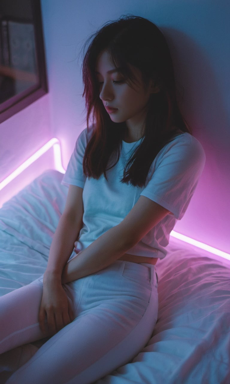 xxmixgirl, 1 girl, sit, crossing leg bed detailed, dark, rim light, (lofi, analog), by Brandon Woelfel