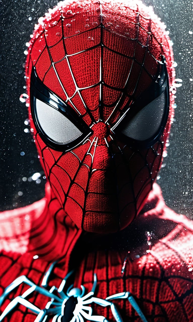 xxmix, Night dramatic atmosphere, close look of spider-man in in tight red engraved filigree leatherdog sweater suit falling in huge splash of water ultra photorealistic Hasselblad H6D high definition 8k cinematic color grading depth of field photo-realistic film lighting rim lighting intricate realism maximalist detail very realistic