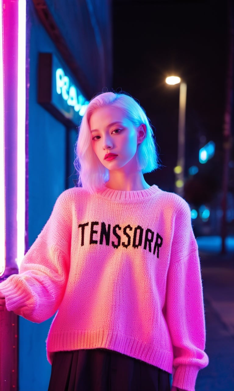 xxmixgirl, A young albino woman holding a neon sign that says "TensorArt" realism, cinematic outfit photo, cinematic pastel lighting, 80s neon movie still, knitted sweater