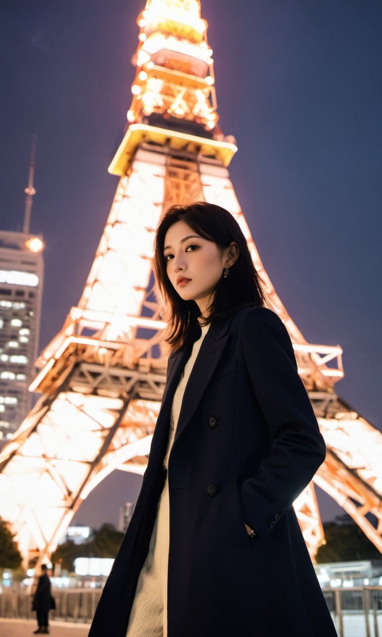 xxmix, 1 beautiful woman, long coat tokyo tower, (Sui Ishida), dramatic lighting (masterpiece, best quality)