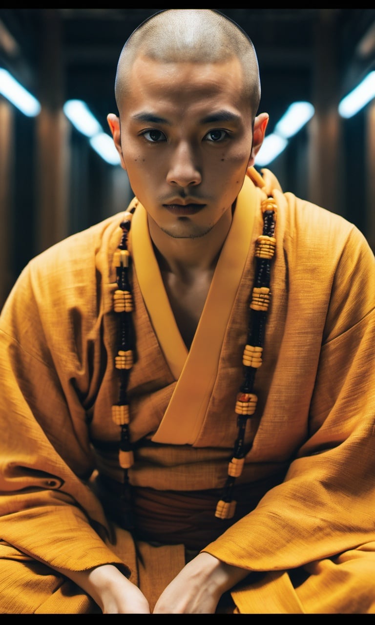 xxmix, elaborate portrait of a monk by Laurey Greasley and Takeshi Obata, desire to achieve enlightenment, nirvana, yellow, orange, cyberpunk, detailed, realistic, 8k uhd, high quality