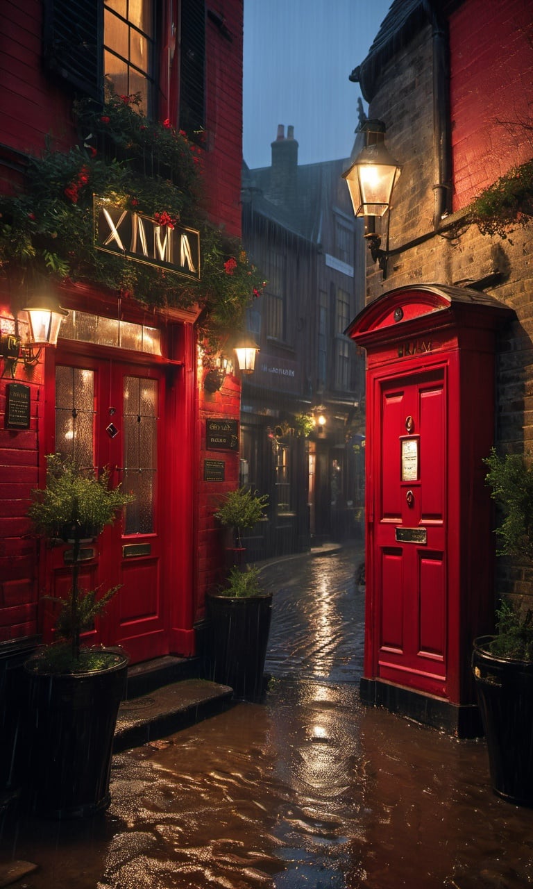 xxmix, a red door is in the middle of a rainy street, cgsociety 9, dimly lit cozy tavern, english style, fine - art photography, by Daren Bader, james chadderton, in crimson red, doug wheeler, by Itshak Holtz, pub, crimson, letterbox, nineteenth century london, quaint