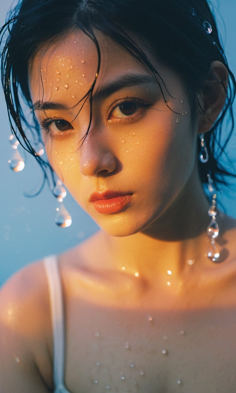 xxmixgirl, 1girl wet tshirt water drops, splash detailed, surreal dramatic lighting shadow (lofi, analog), kodak film by Brandon Woelfel Ryan McGinley