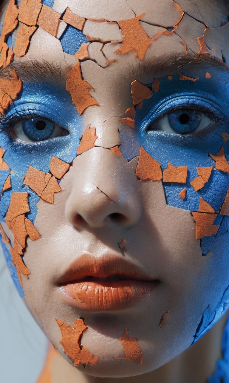 xxmixgirl, a close up of a person's face on a cracked surface, inspired by Alberto Seveso, featured on zbrush central, orange fire/blue ice duality!, portrait of an android, fractal human silhouette, red realistic 3 d render, blue and orange, subject made of cracked clay, woman, made of lava