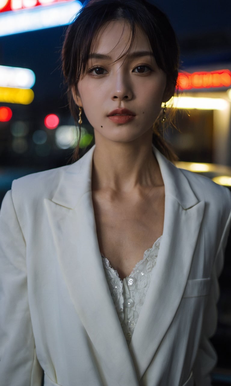 xxmixgirl, portrait of a woman in front of a diner at night raining, perfect eyes