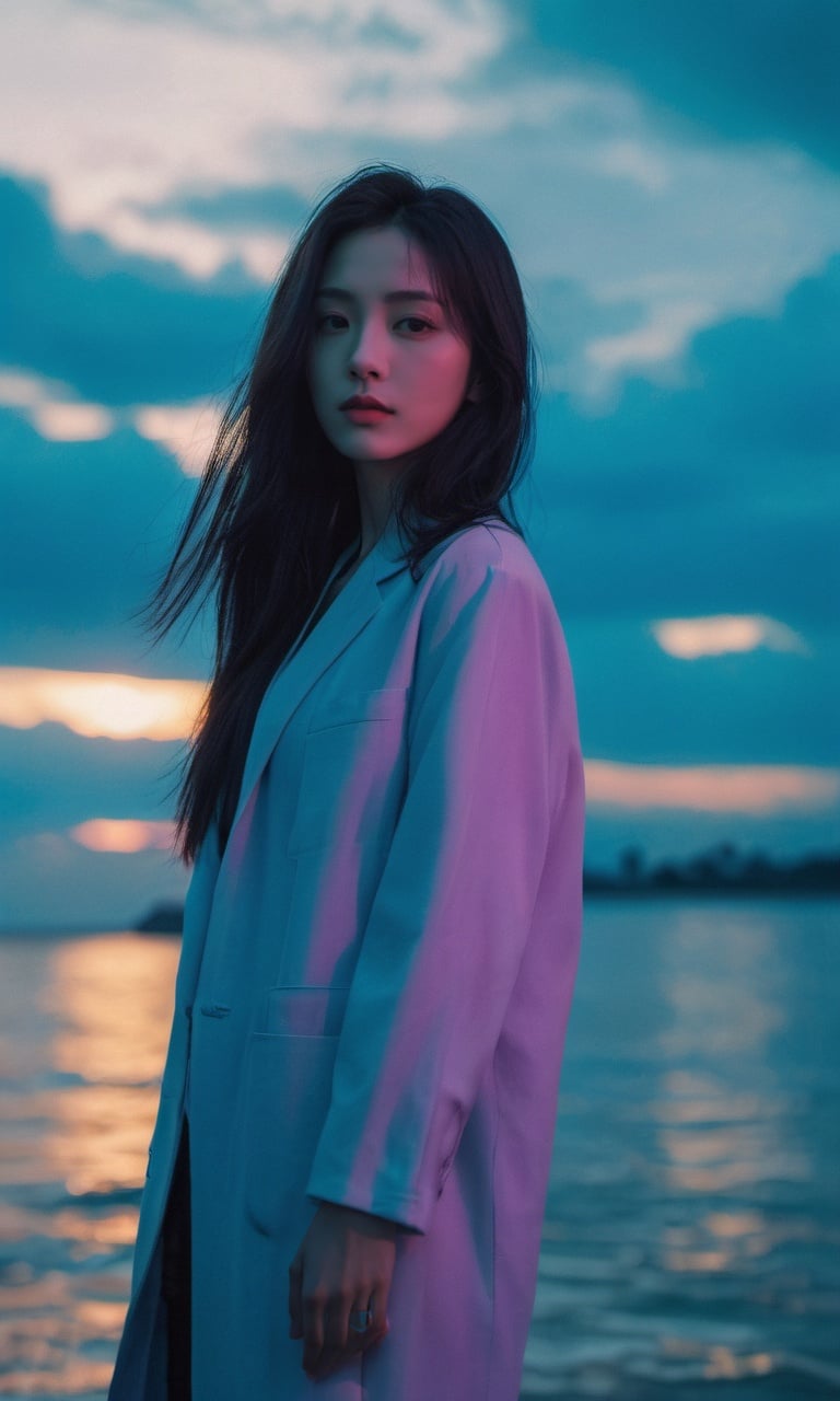 xxmixgirl, (masterpiece:1.0), (highest quality:1.12), (HDR:1.0), a girl with long hair looking at viewer, with a teal background and a indigo sky, constant, vaporwave colors, a character portrait, synchronization, detailed, realistic, 8k uhd, high quality