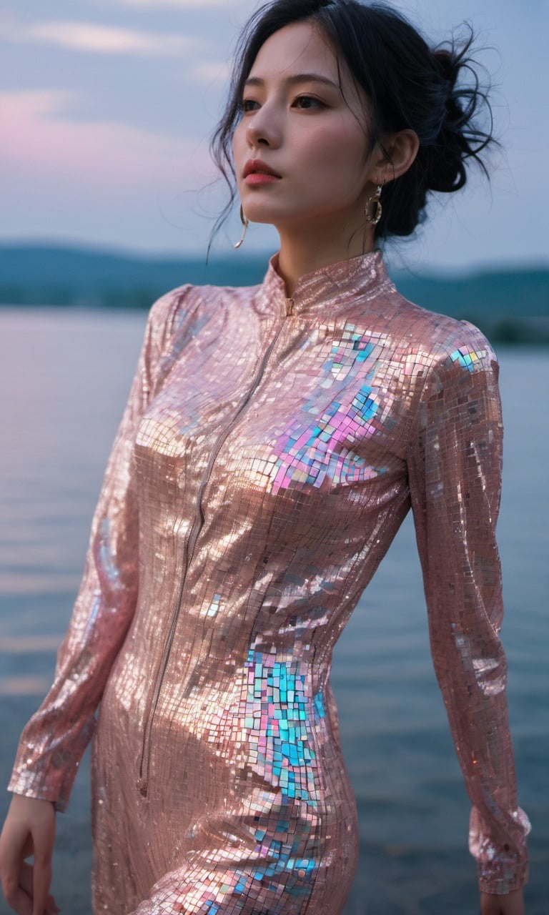 xxmixgirl, a woman in a shiny outfit stands by the water, in the style of sandalpunk, light silver and pink, vibrant mosaic, streaked, golden age aesthetics, sky-blue and pink, wimmelbilder