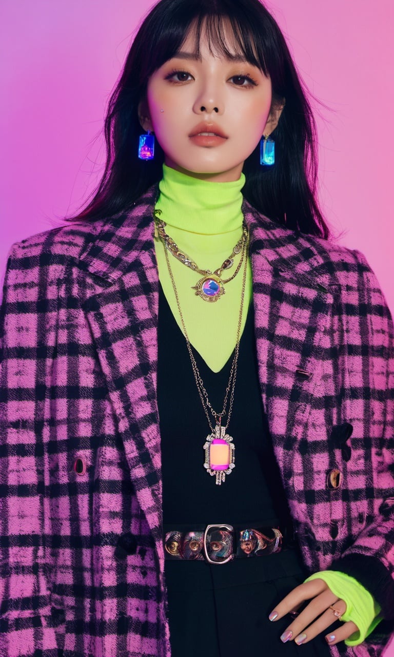 xxmixgirl, woman with a necklace and a necklace with a neon sign in the background, popular korean makeup, character album cover, dark psychedelia style, joy, promotional photoshoot, with a dark fringe, vogue cover style, promotional render, center parted curtain bangs