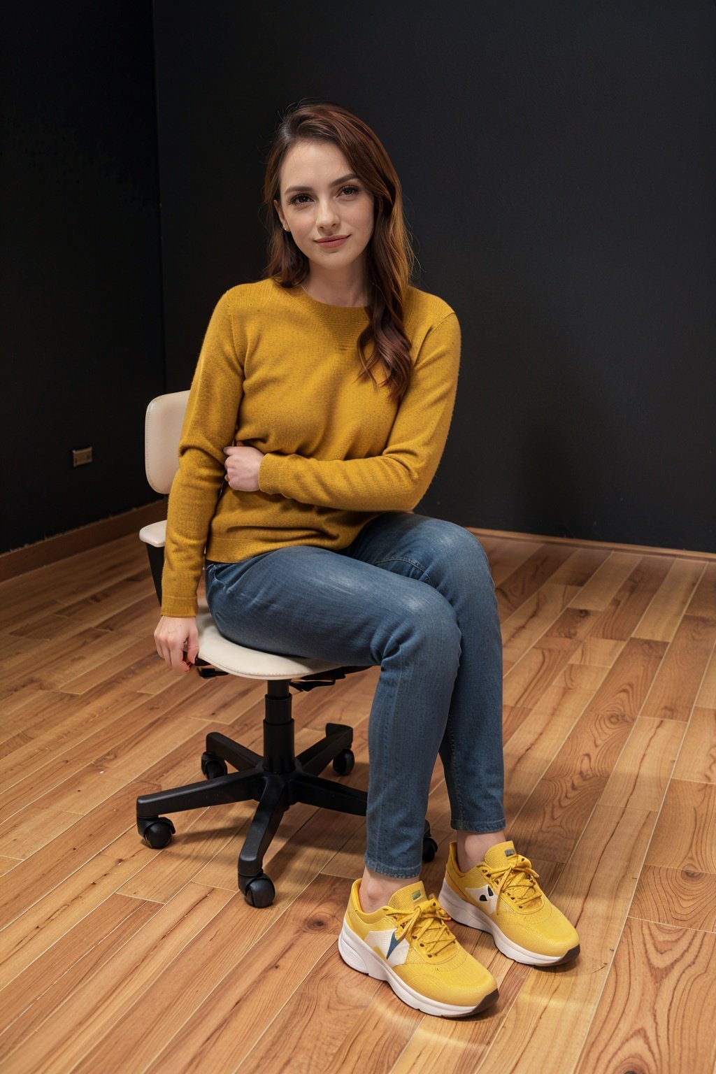 xyzsansweater223, 1girl, yellow sweater, studio background, blue shoes, full body, sitting on chair,<lora:xyzsansweater223-10:1>