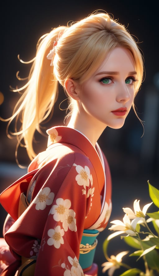 (8k,  RAW photo,  photorealistic:1.25),  ( lipgloss,  eyelashes,  gloss-face,  glossy skin,  best quality,  ultra highres,  depth of field,  chromatic aberration,  caustics,  Broad lighting,  natural shading,  yellow hair,  ponytail,  perfecteyes,  Thin body,  half body,  sexy poses,  american girls,  look like hayley williams,  30's,  not tattoo,  ((flower_red kimono)) geisha,  japanese castel,  turn side face, <lora:EMS-37374-EMS:0.200000>, , <lora:EMS-7851-EMS:0.500000>