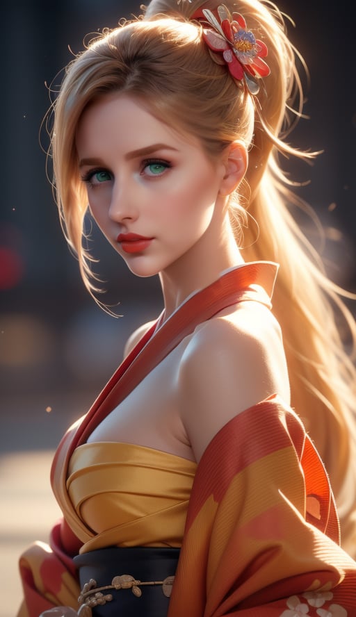 (8k,  RAW photo,  photorealistic:1.25),  ( lipgloss,  eyelashes,  gloss-face,  glossy skin,  best quality,  ultra highres,  depth of field,  chromatic aberration,  caustics,  Broad lighting,  natural shading,  yellow hair,  ponytail,  perfecteyes,  Thin body,  half body,  sexy poses,  american girls,  ((flower_red kimono)) geisha,  japanese castel,  turn side face, <lora:EMS-7851-EMS:0.500000>, , <lora:EMS-37374-EMS:0.200000>