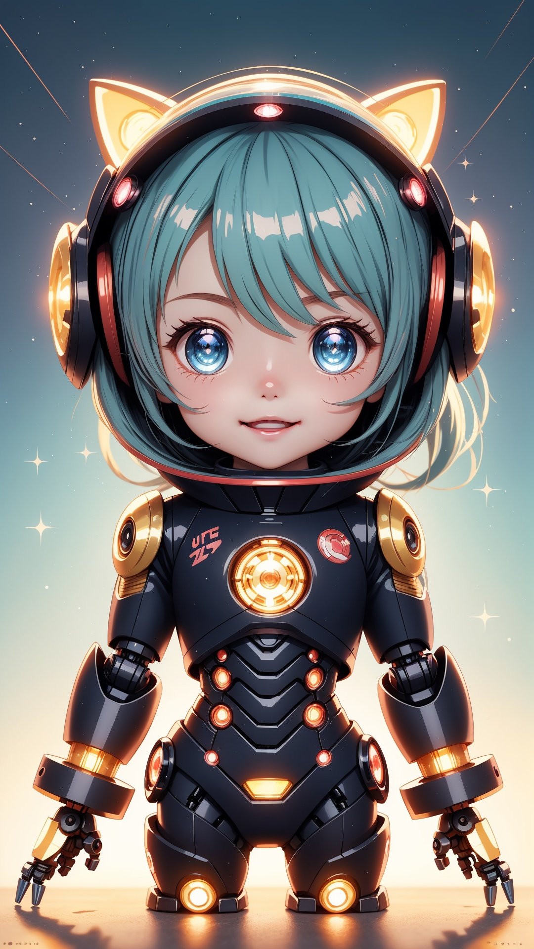 (best quality,ultra-detailed),Cute Chibi Robot,illustration,[bright colors],[sparkling eyes],[playful pose],fun and energetic,medium:anime-style,soft lighting