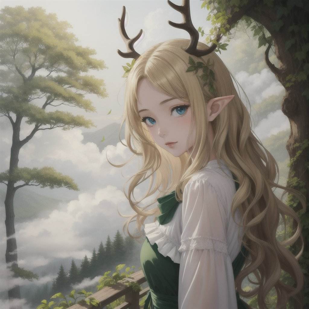 Anime (masterpiece, best quality), 1girl, intricate details, blonde, leaf, wavy hair, looking at viewer, elf, upper body, forest, frills, mist, deer antlers,