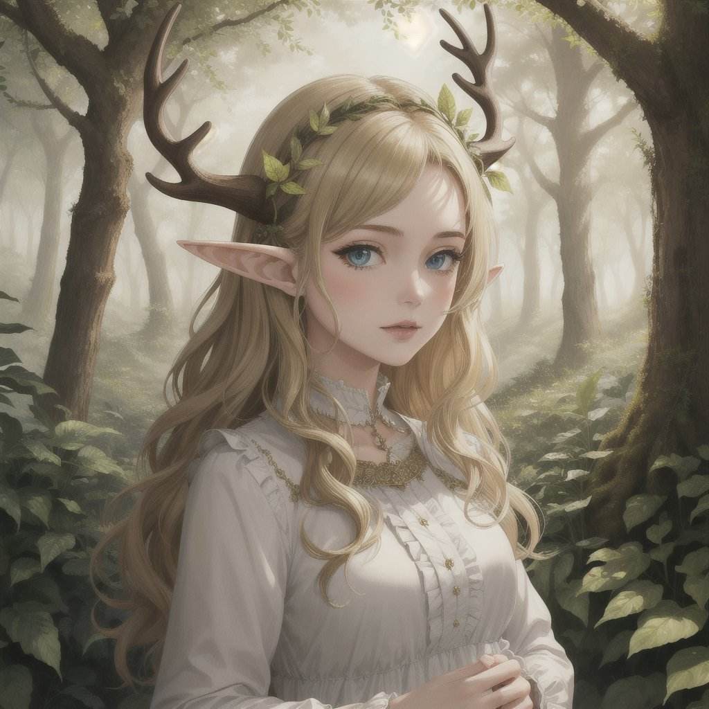 (masterpiece, best quality), 1girl, intricate details, blonde, leaf, wavy hair, looking at viewer, elf, upper body, forest, frills, mist, deer antlers,