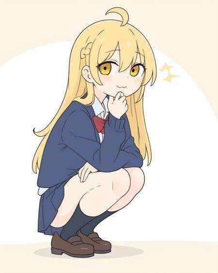 (masterpiece, best quality:1.15), 1girl, solo, (flat color:1.1), medium breasts, yellow eyes, looking at viewer, school uniform, skirt, squatting, adjusting clothes, making adjustments, finding comfort in the posture, sunrise, radiant, luminous, long hair, French braid, ahoge, joyful, closed mouth, (simple background:0.3)