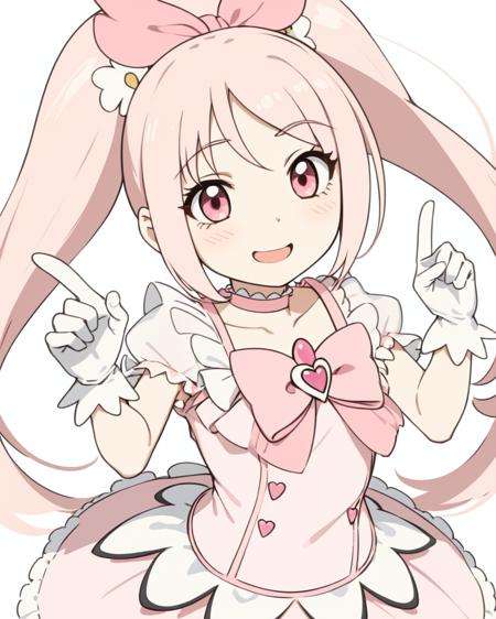 (masterpiece, best quality:1.1), 1girl, solo, (flat color:1.1), (cure blossom:1.1), from pretty cure, pink and white, long pink hair, frilly pink dress, white gloves, pink eyes, heart-shaped hairpins, confident smile, dynamic pose, (simple background:0.3)
