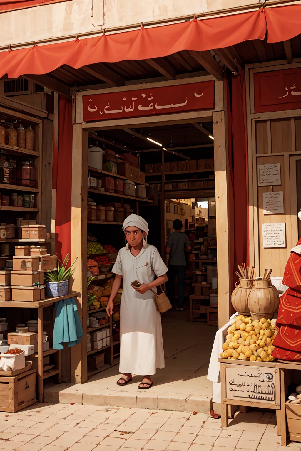 Documentary style photography of a bustling market in Marrakesh,  with spices and textiles.