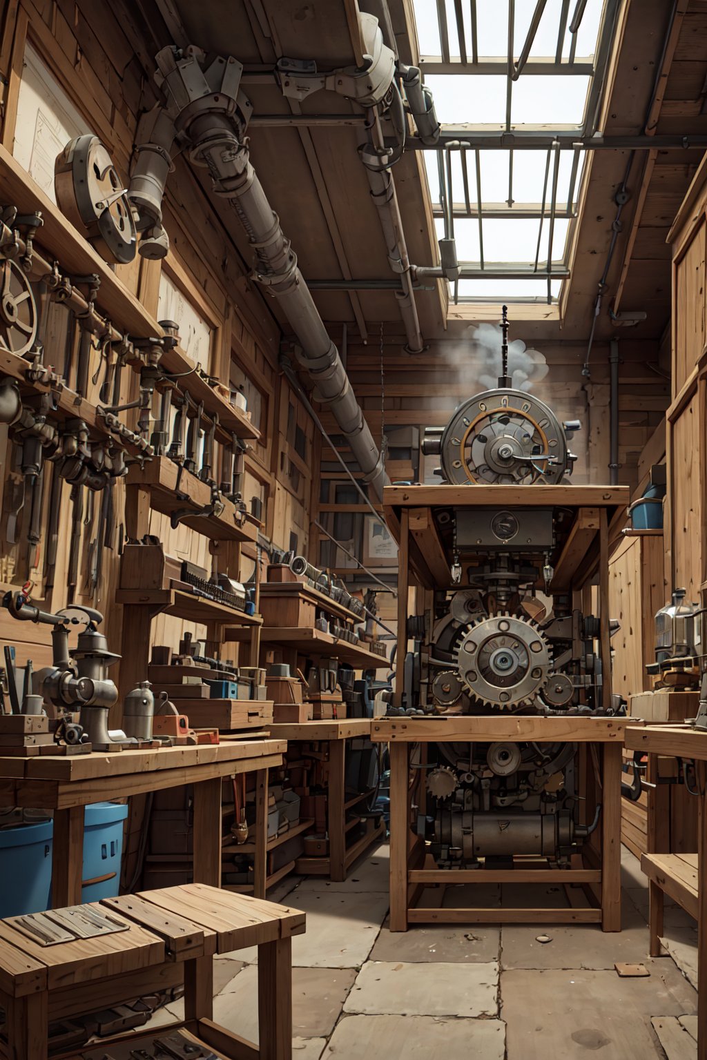 Steampunk of an inventor's workshop,  with intricate machines,  gears and steam engines