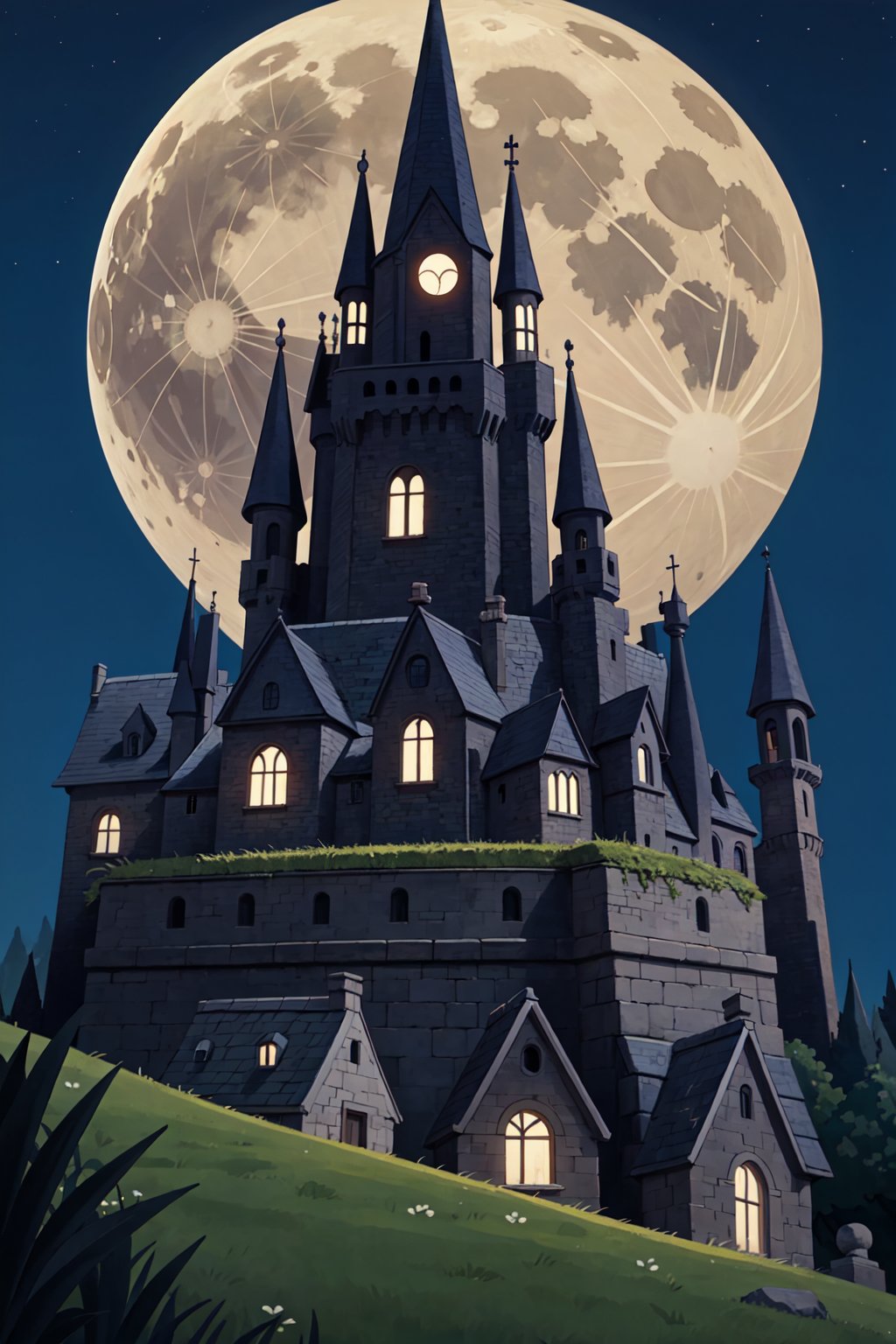 Gothic painting of an ancient castle at night,  with full moon,  gargoyles and shadows