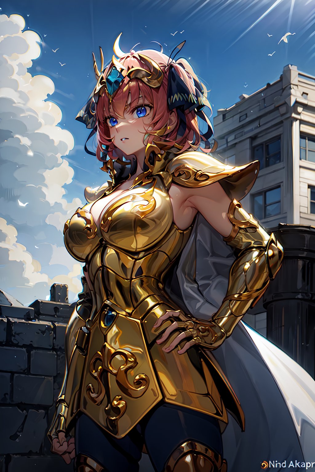 masterpiece,  best quality, 1girl, solo, large breasts,  no panties, bare arms,  outdoors,  blue sky, standing, cowboy shot,  hand on hip,  cleavage cutout,  leoarmor, golden armor, helmet, leoarmor, nino nakano, short hair, bangs, blue eyes, hair ornament, hair ribbon, pink hair, blunt bangs, two side up, butterfly hair ornament, <lora:EMS-179-EMS:0.500000>, , <lora:EMS-38579-EMS:0.800000>, , <lora:EMS-10685-EMS:0.900000>