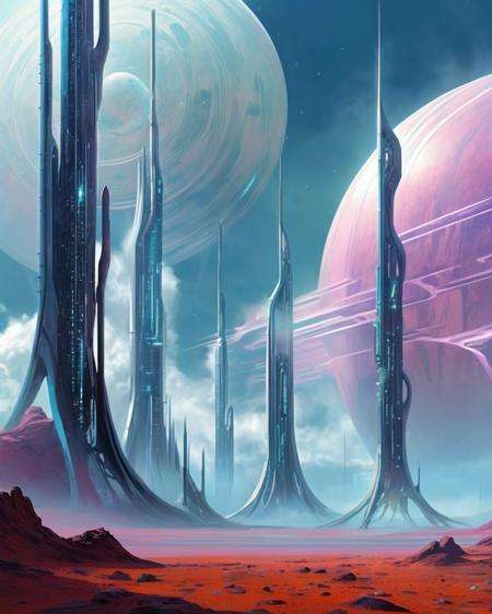 SCI-FI environment,  Gleaming biotech spires pierce the clouds on a distant planet, their organic architecture pulsating with the rhythms of life. , cyber sci-fi , <lora:Sci-fi_Environments_sdxl:0.8>