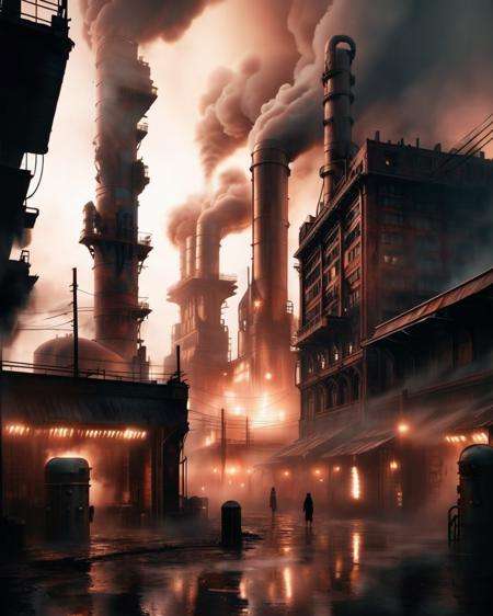 Steam billows from towering factories on a dystopian world, casting an eerie glow on metallic architecture and gloomy streets.<lora:Sci-fi_Environments_sdxl:1.0>