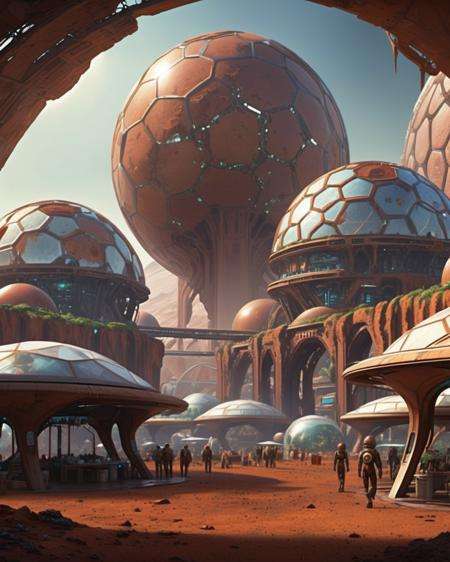 cinematic SCI-FI environment,  Massive geodesic domes protect a terraformed Martian city, with bustling markets and domed parks amidst the rusty landscape. , cyber sci-fi , <lora:Sci-fi_Environments_sdxl:0.8> , photorealistic, movie 